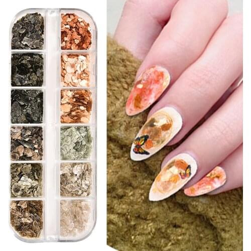 Hot Sell 12 Grids/Box Autumn Nails Accesorios Colorful Shell Sequin Illusion Thin Irregular Abalone Broken Patch Nail Decoration