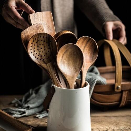 Thailand Teak Natural Wood Tableware Spoon Ladle Turner Long Rice Colander Soup Skimmer Cooking Spoons Scoop Kitchen Tool Set