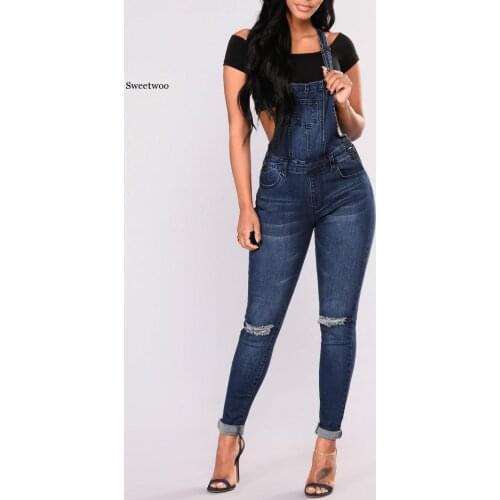 Fashion Overalls For Women Denim Rompers Ladies Jumpsuit Jeans Hole Womens With Holes In Their Straps Tight Calf Streetwear