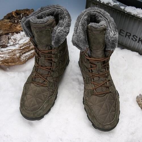 Men Winter Warm Fur Plush Suede Leather & Waterproof Fabric Ankle Snow Boots Male High Top Anti Slip Rubber Work Safety Shoes