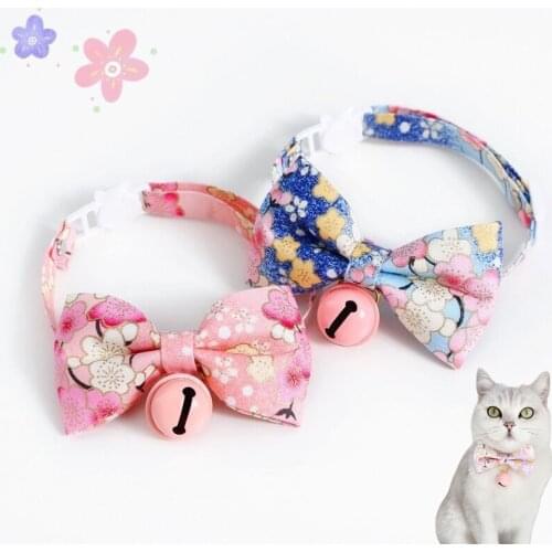 Flower Cat Collar with Bell Breakaway Bowtie Adjustable Floral Pattern Kitten Collars with Removable Bow Tie Clothes Accessories