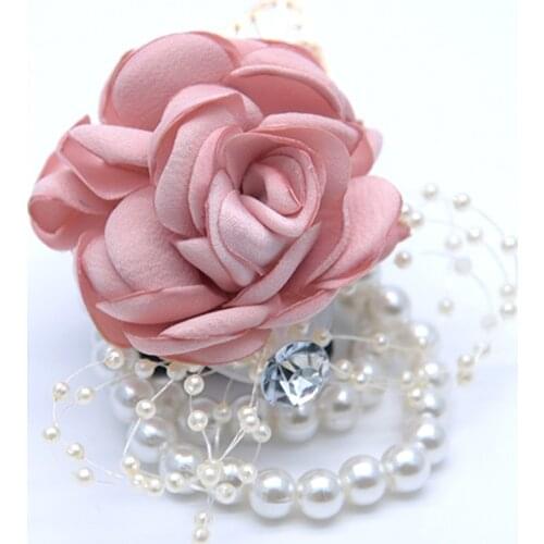 Crystal Corsage Wrist Flower Satin Rose Boutonniere Brooches for Bride Bridesmaid Sister Group Wedding Supplies Bouquet Dance