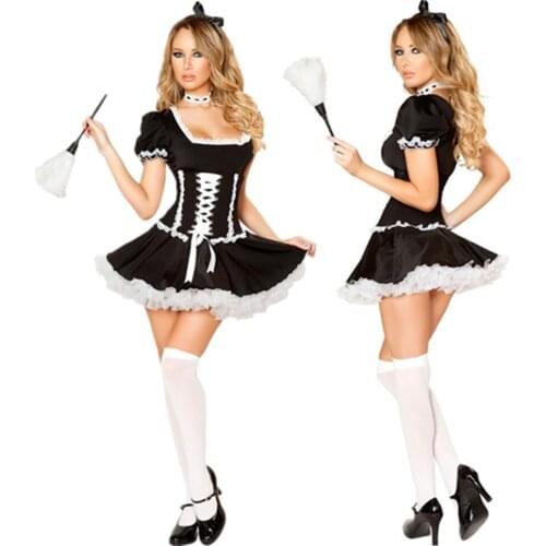 Sexy Lolita Babydoll Costume For Halloween Fancy French Maid Costumes Women Service Dress Outfit with Headpiece