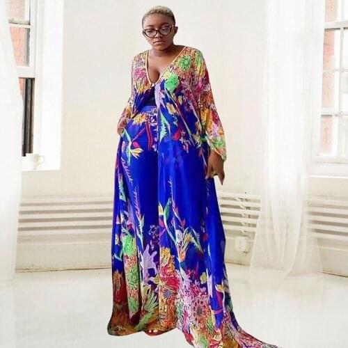 Blue African Dresses for Women 2 Piece Set Dashiki Dress + Pants Floral Printed Abaya Dubai Muslim Robe Islam Clothing