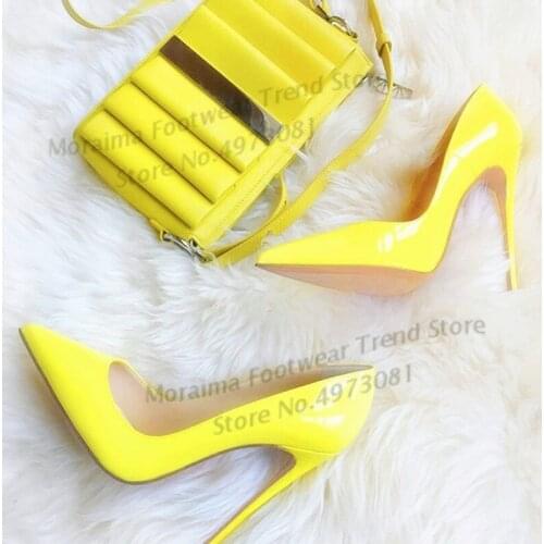 Moraima Snc Women Pumps Sexy Wedding Shoes Yellow patent Leather 12/10cm High Heels Women Sexy Heels Shoes Ladies Shoes Pink