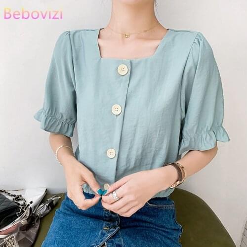 2021 New Light Blue Orange Fashion Korean Office Lady Casual Blouse Shirt for Women Summer Puff Sleeve Tops