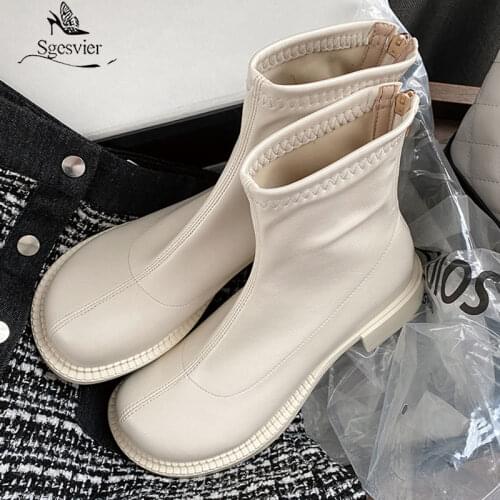 Sgesvier 2021 New Autumn Winter Women Ankle Boots Fashion Female Zipper Low Square Heel Shoes Ladies Black White Round Toe Boots