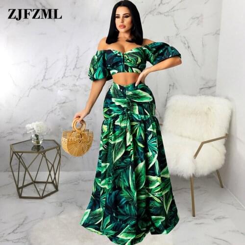 Green Leaves Print Two Piece Set Women Skirt Summer Slash Neck Puff Sleeve Crop Top+empire Pleated Maxi Dress Clubwear Beach