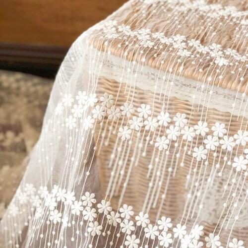 Free Shipping Elegant Off-White mesh Gauze Embroidered Lace Fabric Curtain Cloth Width DIY Handmade 130cm 1yard