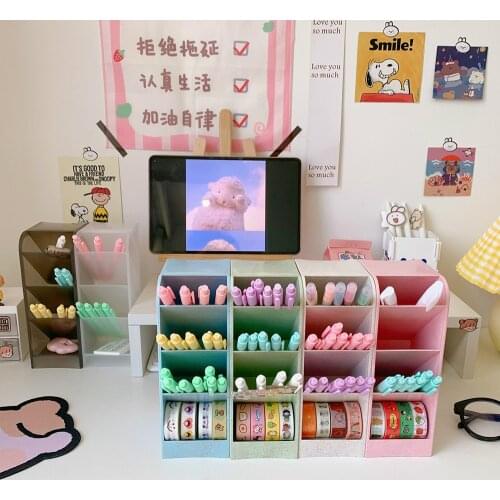 Large Capacity Pen Holder Cute Desktop Pencil Makeup Lipstick Storage Box 4 Grid Oblique Insertion Pen Holder School Stationery