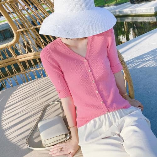 Woman Sweaters Cardigan Summer Knitted Cardigan Womens V-neck Half Sleeves Coat Womens Knitted Sweater Top Sueters De Mujer