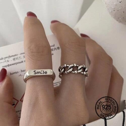 S925 Silver Rings For Women Opening Adjustable Smiley Twist Simple Retro Fashion Party Accessories Punk Design Jewelry INEFFA