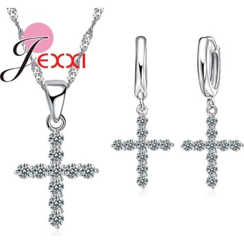 Fashion Cross Design Full Crystal Beads Necklace Earrings Set Women Church Jewelry High Quality Silver Accessory