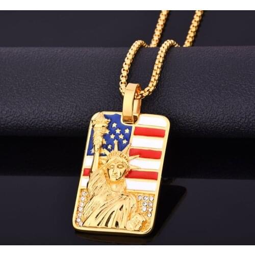 American Statue Of Liberty Pendant Necklace Gold Color Chain Hip Hop Rhinestone Punk Jewelry For Men