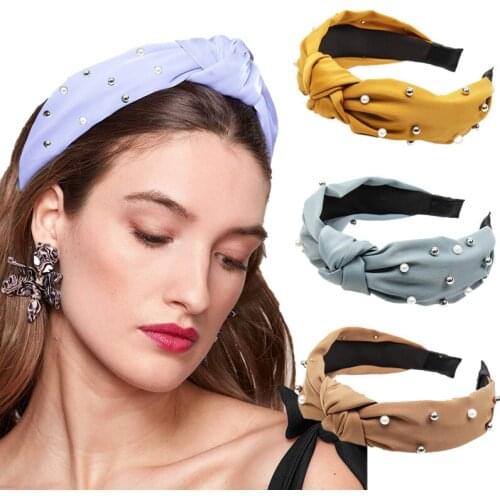 Xugar Fashion Women Knotted Pearls Headbands Solid Bow Center Hairbands For Girls Wide Silk Hair Hoops Womens Hair Accessories