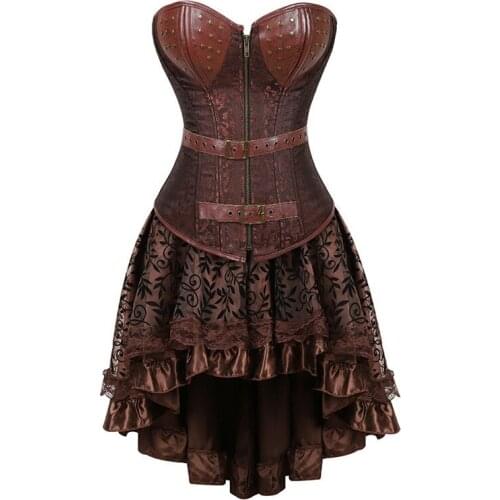 Fashion Steampunk Corset With Skirt 6XL Sexy Gothic Women Vintage Retro Corselet Dress Lace Up Bustiers Korset Leather Plus Size