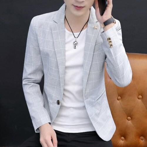 2022 Mens Slim Fit Trendy Handsome Plaid blazer Youth Casual Thin Autumn blazer