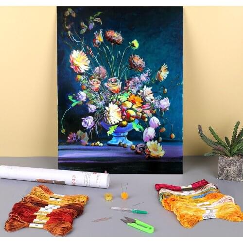 Landscape Flowers Printed Fabric 11CT Cross-Stitch Embroidery Set DMC Threads Craft Handmade Painting Sewing Counted Jewelry