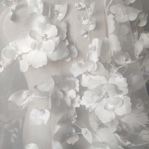 New white 3D nail bead flower skirt wedding dress fabric,High grade womens clothing accessories