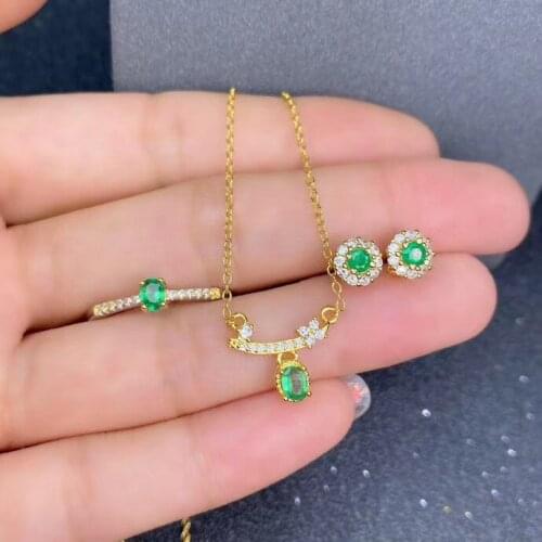 Personality Trend Natural Real Emerald Set 925 Sterling Silver 1pc Emerald Ring,2pcs Emerald Earring,1pc Emerald Pendant