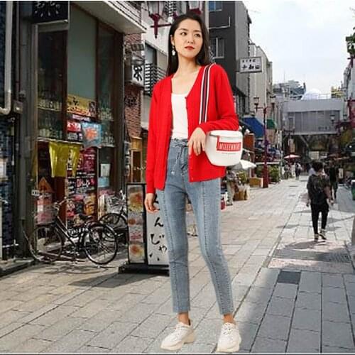 Autumn 2021 Button Long Sleeve Cardigan Sweater Casual Bright Red Sweater Cardigan Large Stretch Slim Autumn Cardigan Tops Women