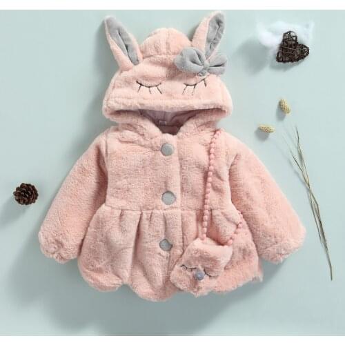 Toddler Baby Girls Coat With Cute Rabbit Ears Plush Long Sleeve Hooded Jacket with Crossbody Bag Winter Warm Hooded Outerwear