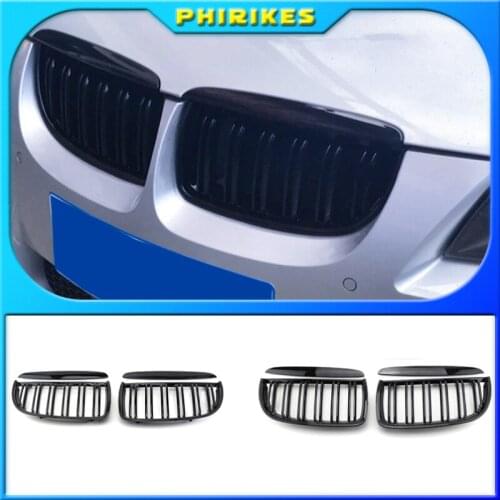 1 Pair Gloss Matt Black M Color 2 Line Front Kidney Grille Grill Double Slat For BMW E90 E91 3 Series 320i 325i 328i 2005-2008