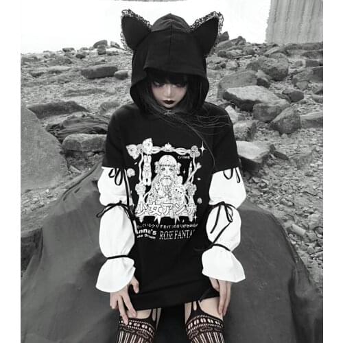 Ruibbit Spring Harajuku Black Cat Ear Hoodies Lace-Up Thin Sweatshirts Women Punk Print Hoodies Gothic Chiffon Puff Sleeve