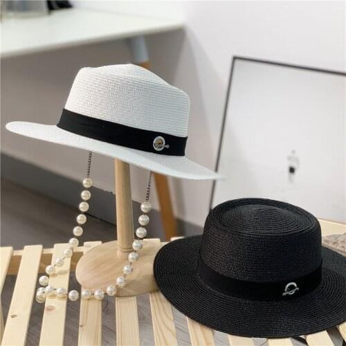 Hot Sell Summer Sun Hats For Women Fashion Girl Feminino Bonnets Straw Hat Pearl Chain Beach Hat elegant paper Straw Panama Cap