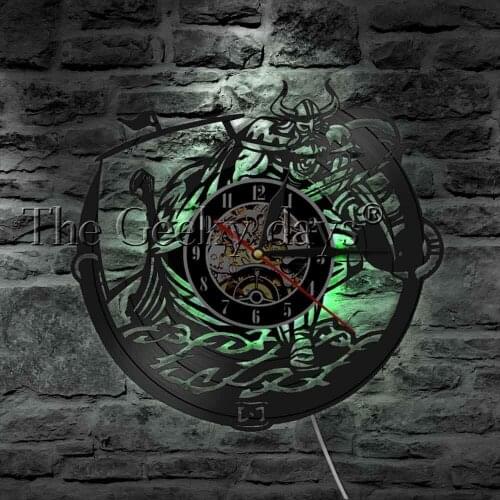 Scandinavian Viking Odin And Gungnir LED Light Vinyl Record Wall Clock Weapons Sword And Shield Magical Wall Light