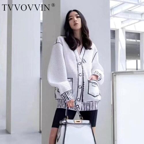 TVVOVVIN new autumn and 2020 winter V-neck full sleeves printed knitting tassels contrast colors single breasted cardigan 4IL7