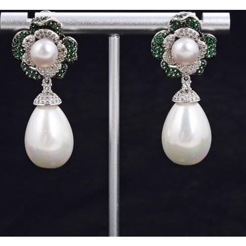 GuaiGuai Jewelry White Teardrop Sea Shell Pearl Green Cz Pave Flower Stud Earrings