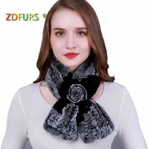 ZDFURS * Lovely Women Real Rex Rabbit Fur Scarves Rose Design Girls Natural Fur scarf Wraps Winter Soft brand rabbit Muffler