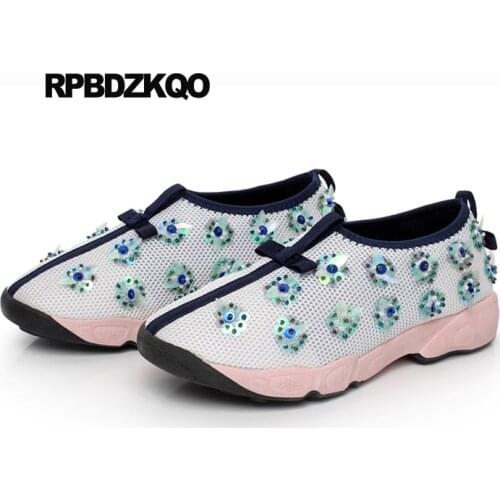 Embroidery women flower ladies beautiful flats shoes diamond trainers black embroidered mesh wedge sneakers floral high quality