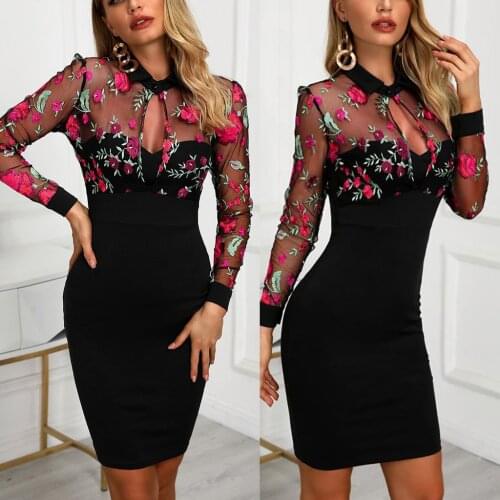 Womens Dresses Floral Embroidery Sexy Mesh Patchwork Bodycon Dress Casual V Neck Work Summer Feminina Mini Vestidos Mujer 2020