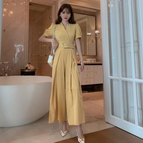 2021Summer Elegant Two Piece Set Women Clothing High Waist Wide Leg Pants Lantern Sleeve Casual Jumpsuits