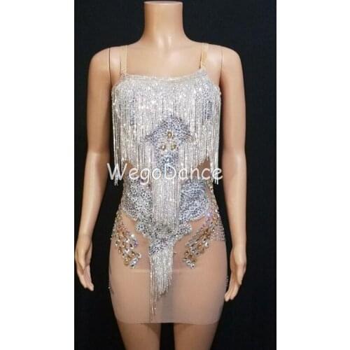 New Women Clothing Sparkly Glass Crystals Tassel Mesh Dress Birthday Prom Fringes Sexy Rhinestones Dresses Singer Gogo Costume