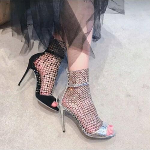 2020 new fashion Joker rhinestone cool boots mesh sexy stiletto heels buckle with open toe Roman sandals women womens shoes