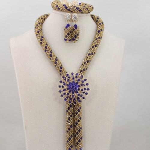 African Wedding Beads Jewelry Set Champagne/Royal Blue Crystal Beads Necklace Bracelet Earrings Jewelry Set Free Shipping ANJ007