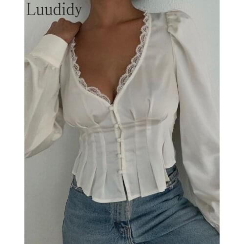 V Neck Lace Hem Ruched Button Front Blouse