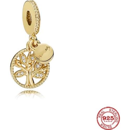 New Original Gold Color Family Tree Dangle Bead Window Charm Fit European Pandora Charms Bracelet Bangles Diy Jewelry P026-G