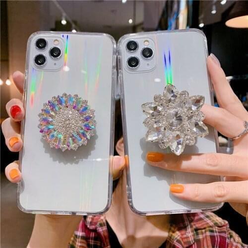 3D bling Glitter Laser Transparent Diamond holder stand phone case for iphone 12 11 Pro Max MiNi X XS XR 7 8 6 plus Socket cover