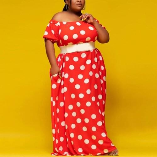 Plus Size Red Polka Dot Printed Slash Neck High Waisted Floor Length Elegant Evening Night Party Club Wear Vestidos Mujer Dress