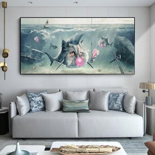 The World In The Fish Tank Wall Art Cat Head Fish Poster and Prints Animal Picture for Modern Home Decor No Frame