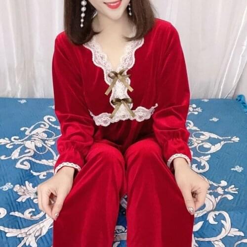 2 Pieces Set Velvet Lace Pajamas Set Autumn Women Sleepwear Long Sleeve Pajamas For Women Ladies Nightwear Pyjamas