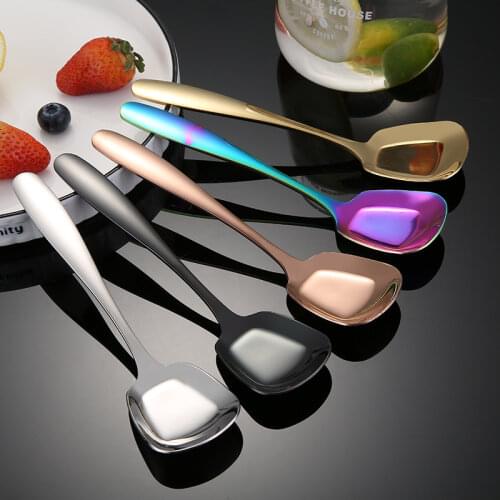 Creative Square Head Spoon Stainless Steel Flat Bottom Tableware Cake Dessert Ice Cream Scoops Soup Spoons Kitchen Utensils