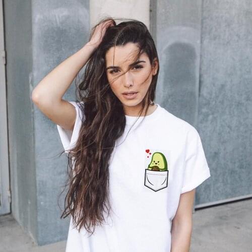 Cute Avocado Pocket Print Women Summer T-shirt Short Sleeve Graphic T Shirt Female Vintage Harajuku Tops Tees Camisetas Mujer