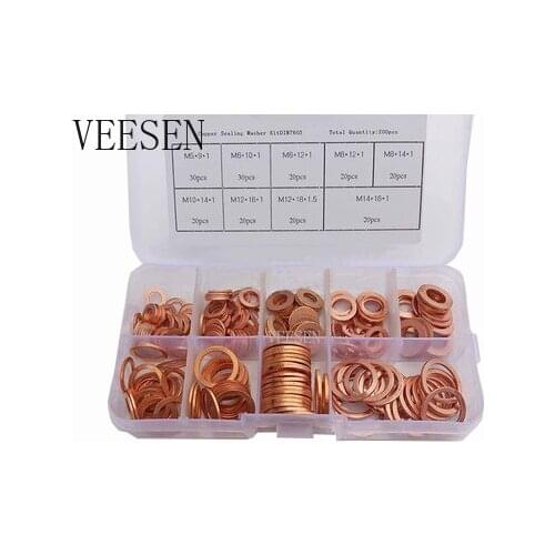 200pcs Red Copper Brass Gaskets Assortment Flat Washers Sealing Ring Set with Box For Hardware Accessories