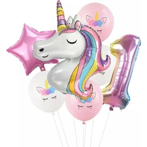 7Pcs Set First Birthday Party Colorful Unicorn Decoration Gradient Digital Balloon For Baby Shower Wedding Party Balloon Supplie