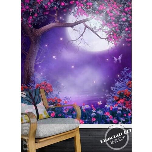 Latest high quality custom 3D mural,dream romantic purple tree flowers moon scenery ,living room TV wall bedroom wall paper